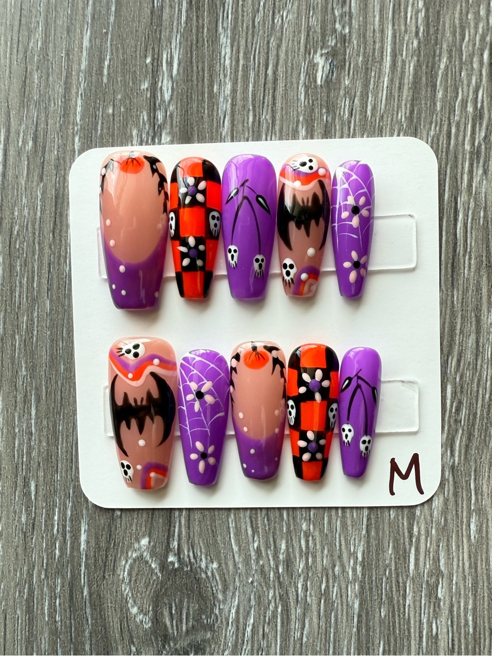 Halloween Purple & Orange Press-On Nail Set - Spooky Floral & Skull Design